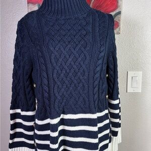 Tuckernuck Navy and White Cable Knit Turtleneck Sweater